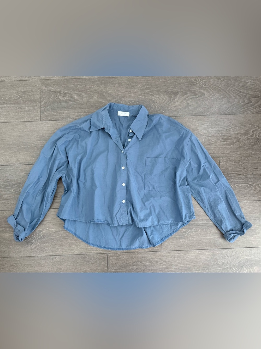 OAK + FORT Blue Cropped Button-Up Shirt blouse large crop oversized